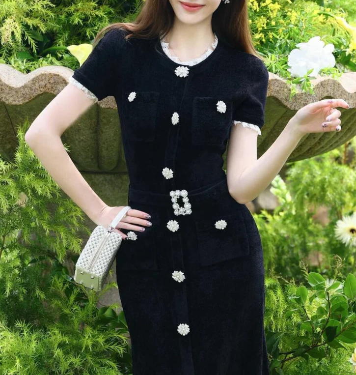 Embellished Short-Sleeve Knit Midi Dress