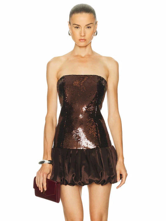 Brown Strapless Sequin Mini Dress | Flirty Glitter Party Style