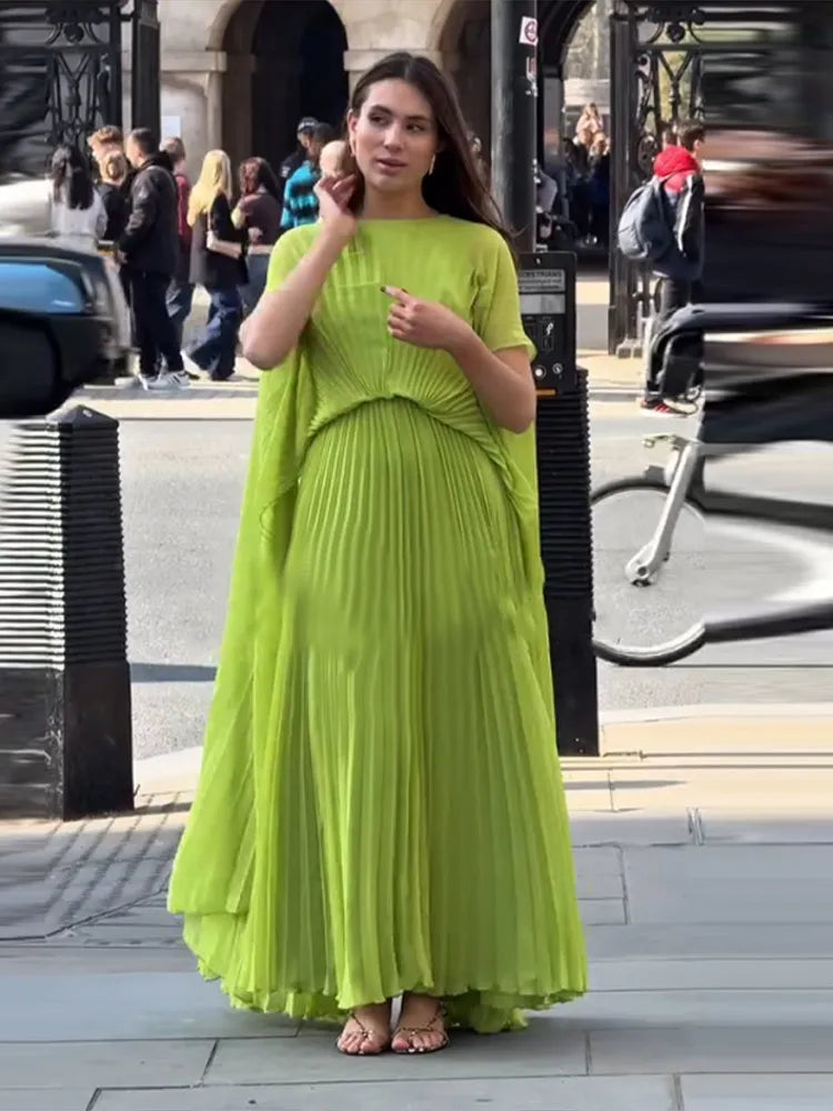 Chic Lime Green Pleated Maxi Dress – Backless