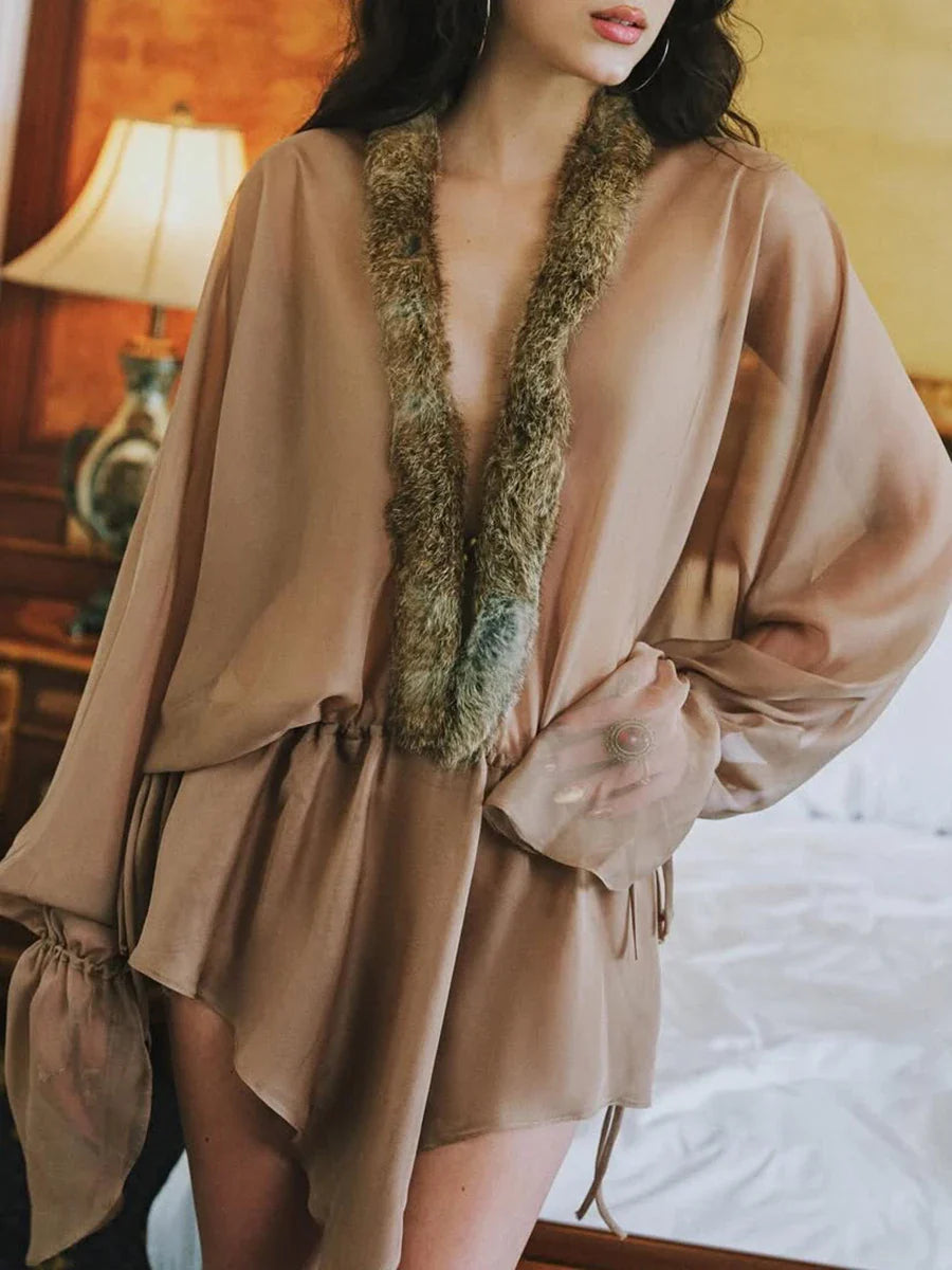 Beige Faux Fur Collar Mini Dress | Chic Butterfly Sleeve Evening