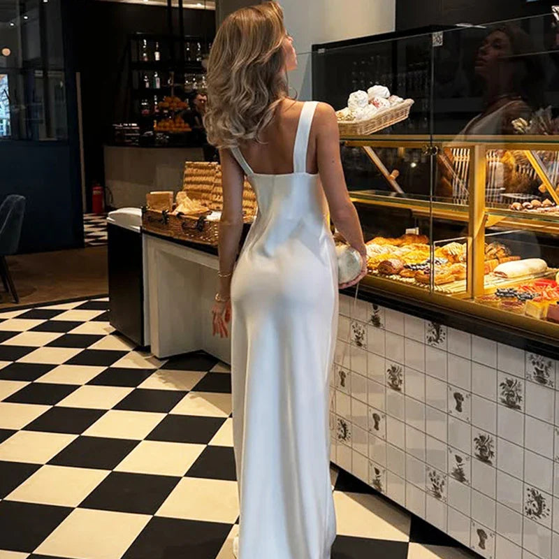 White Cowl Neck Slip Dress | Elegant Floor-Length Gown