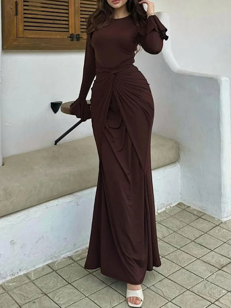 Chocolate butterfly sleeve maxi dress styled for fall streetwear
