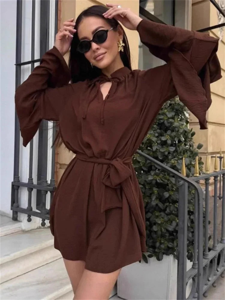 Brown Ruffle Mini Dress | Lace-Up V-Neck City Chic Silhouette