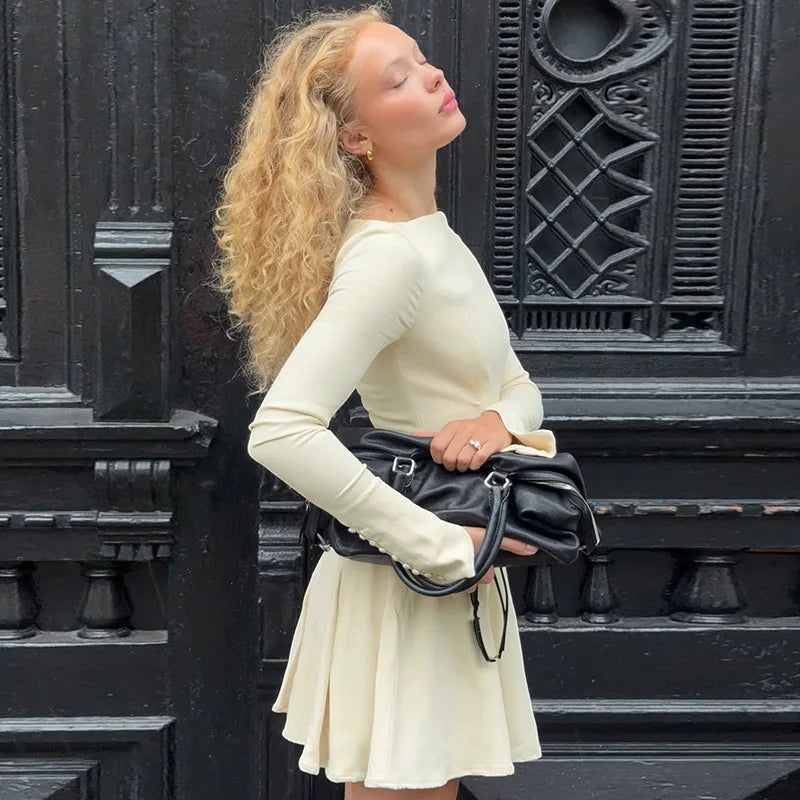 White Pleated Long Sleeve Mini Dress | Effortless Autumn Chic