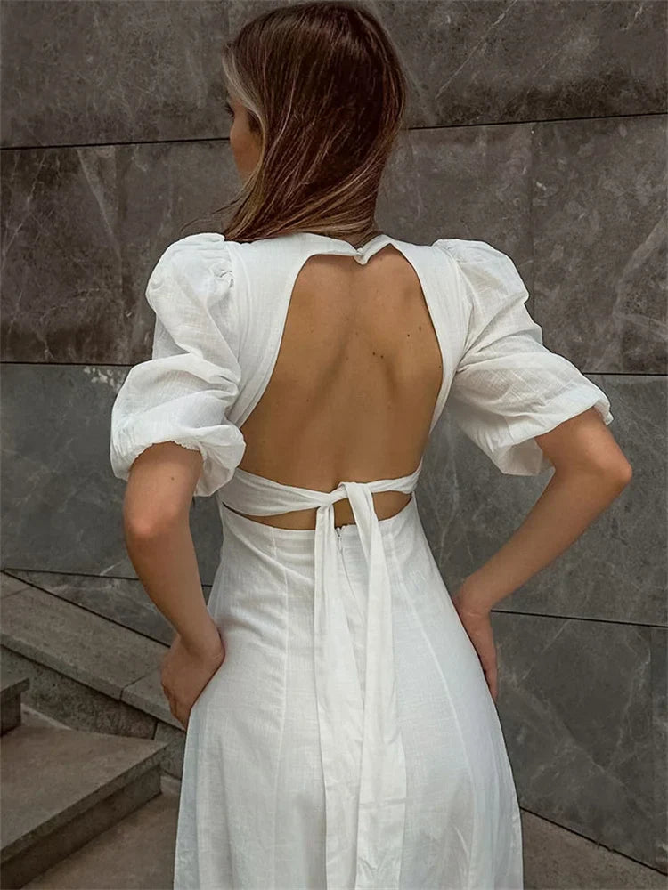 White Puff Sleeve Backless Dress | Summer Elegance