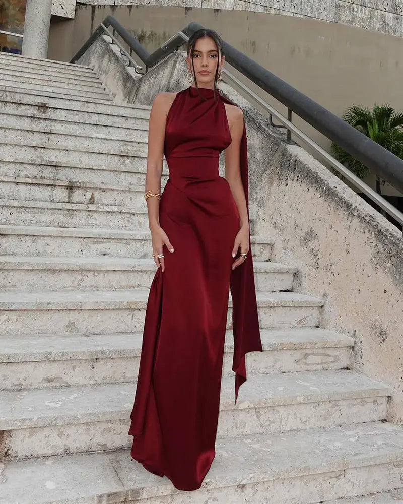 Burgundy Satin Halter Gown | Elegant Open-Back Evening Dress