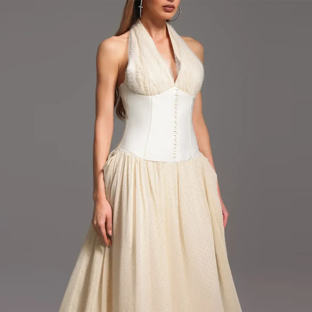 Apricot Halter Corset Maxi Dress | Flowy Pleated Elegance