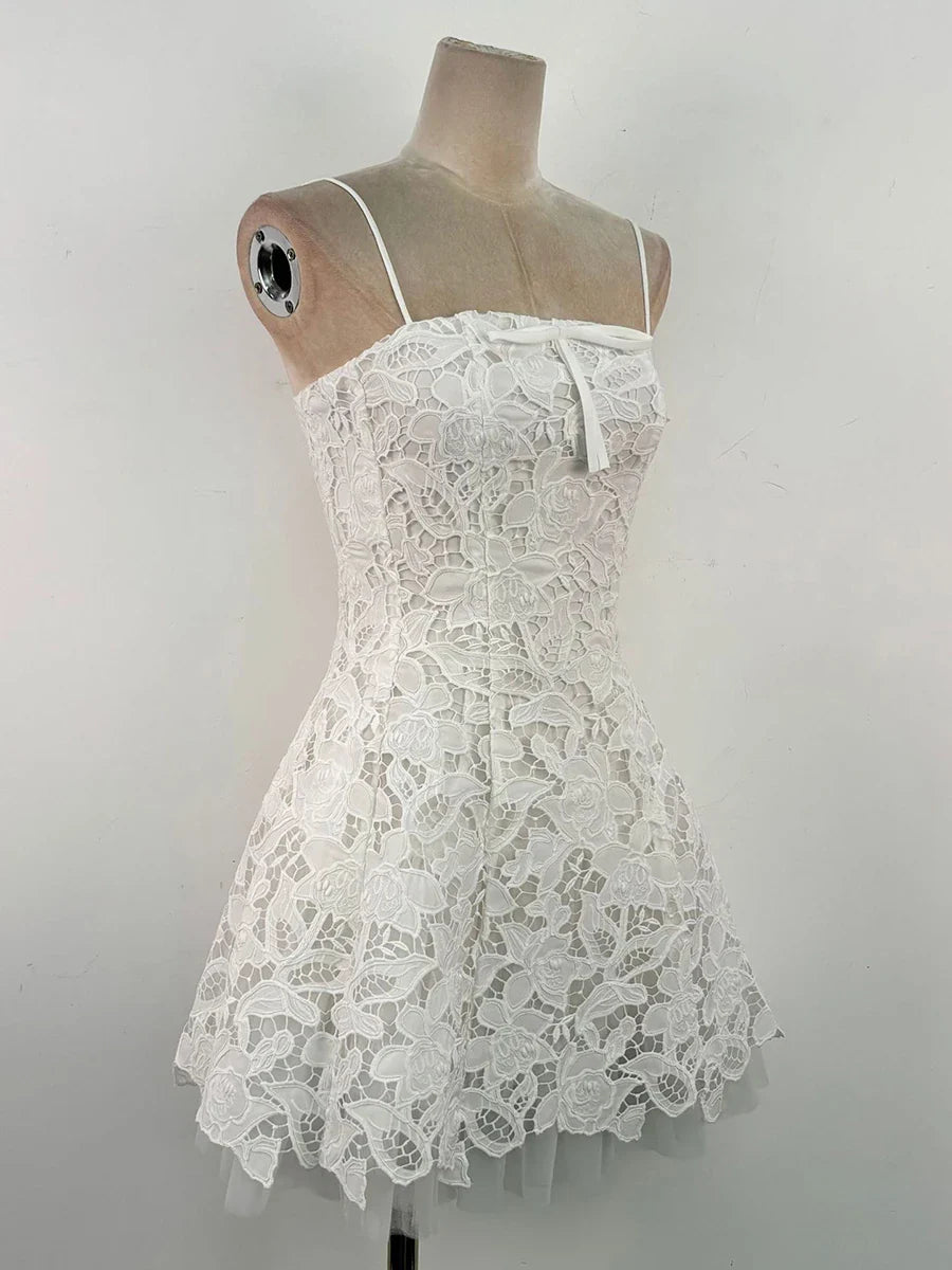 White Lace Strapless Mini Dress | Elegant Mesh Patchwork Look