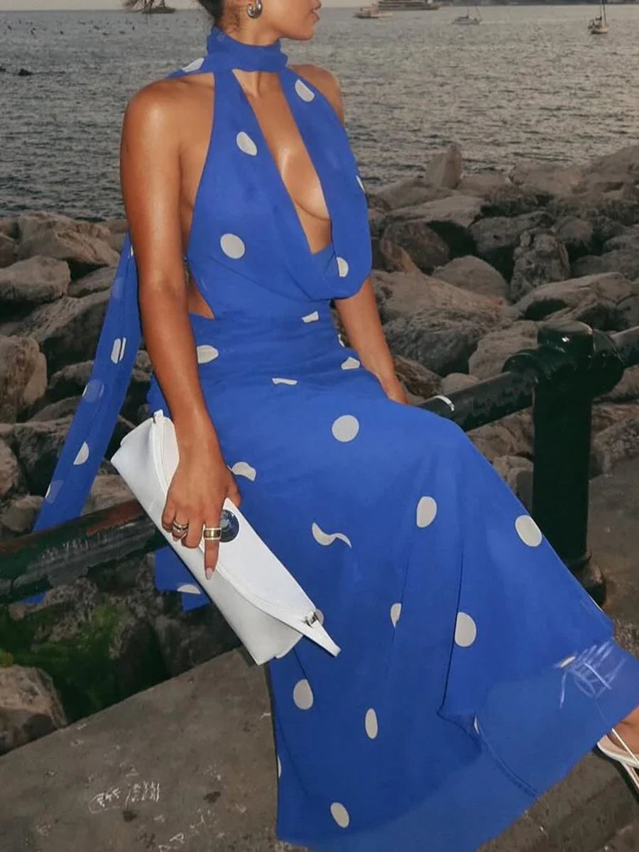Blue Polka Dot Halter Maxi Dress | Vintage Summer Waterfront Edit