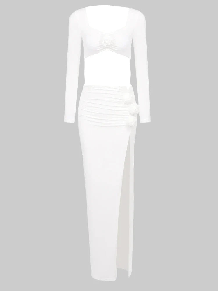 Cocktail party two-piece outfit featuring floral appliques and flattering silhouette