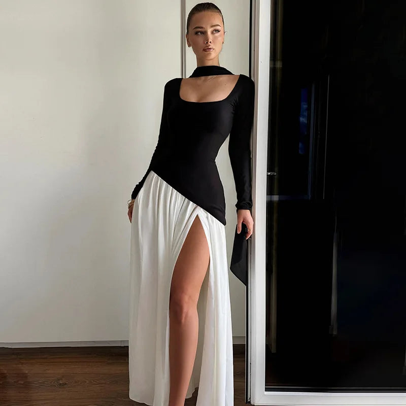 Contrast Square Neck Split Maxi | Modern Monochrome Glam