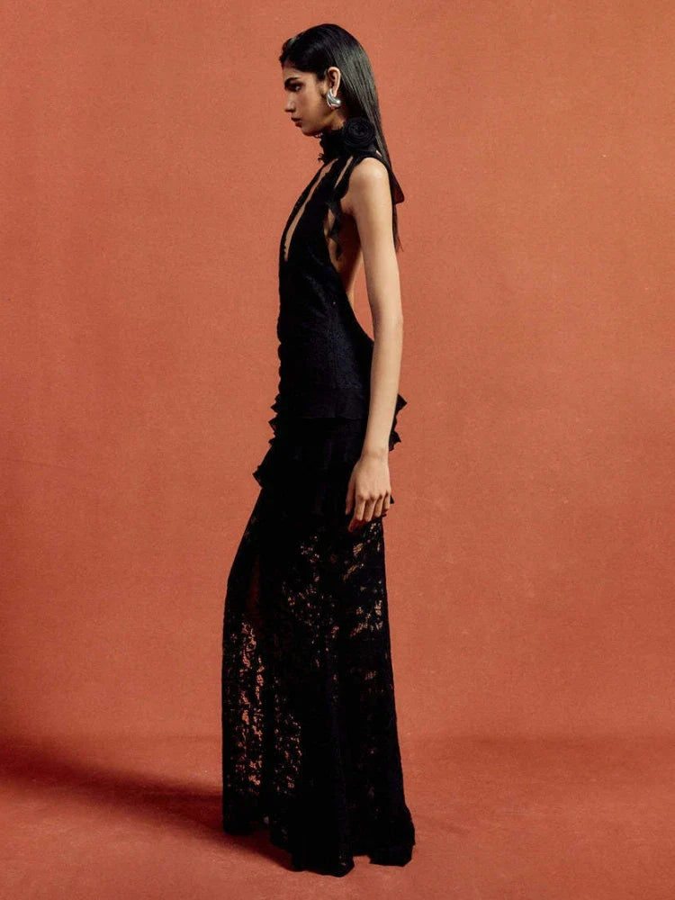 Black Lace Tiered Gown | Dramatic Evening Elegance