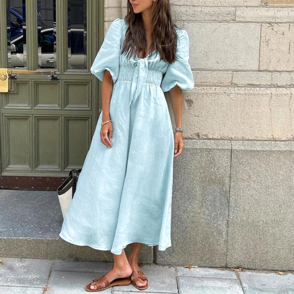 Light Blue A-Line Linen Dress | Lace-Up V-Neck Autumn Midi