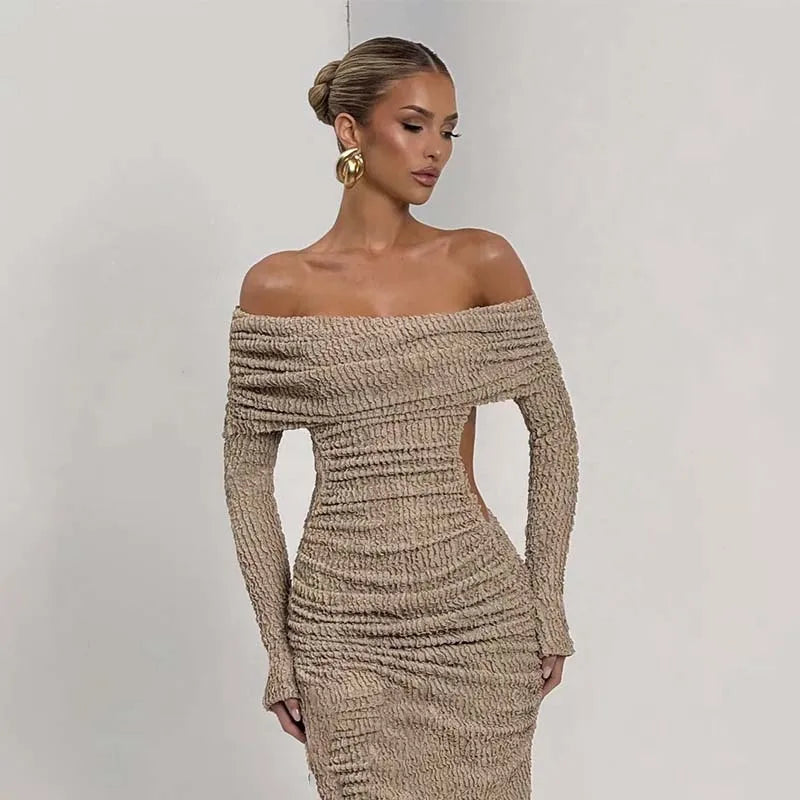 Textured knit long dress with full sleeves for cosy winter looks