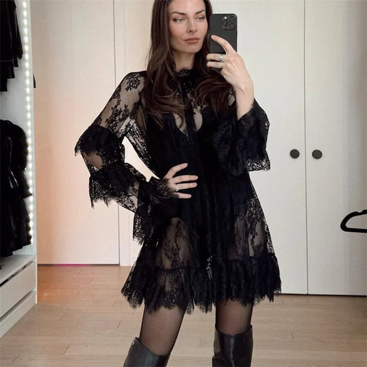 Sheer Lace Mini Dress | Long Sleeve Crew Neck Cover-Up