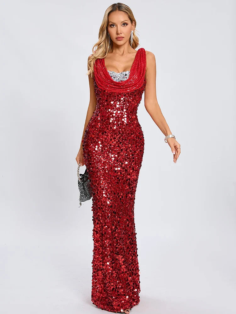 Red Sequin Maxi Dress | Cowl Crystal Neck Iridescent Glam