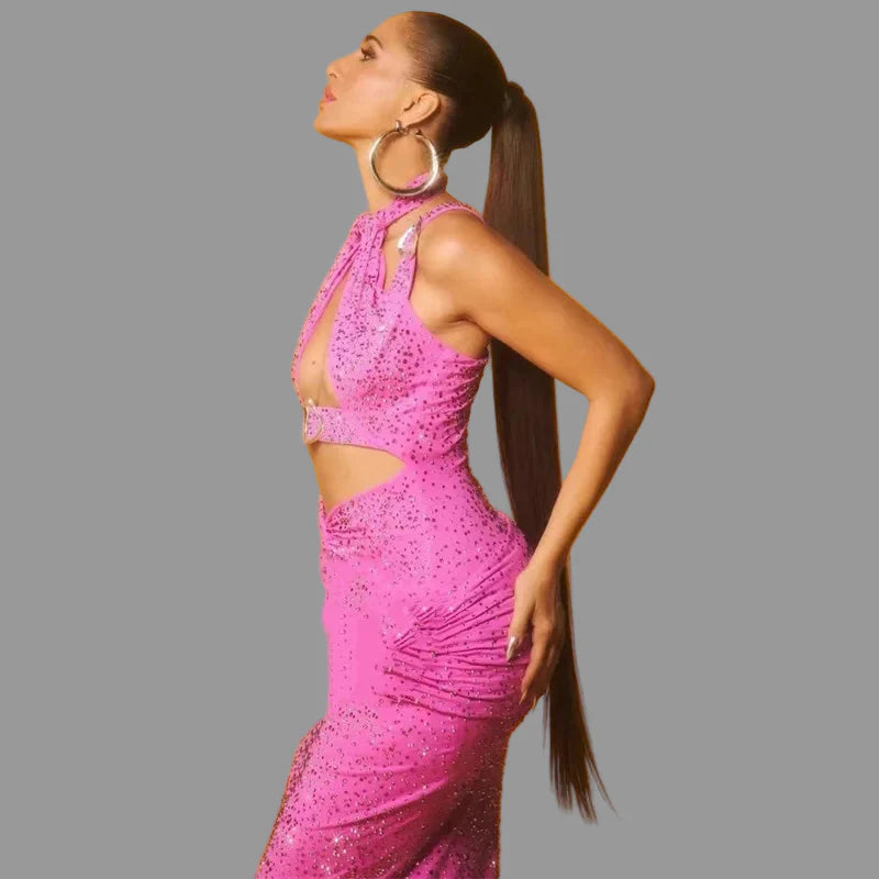 Cutout Pink Crystal Gown | Runway Halter Jersey Party Dress