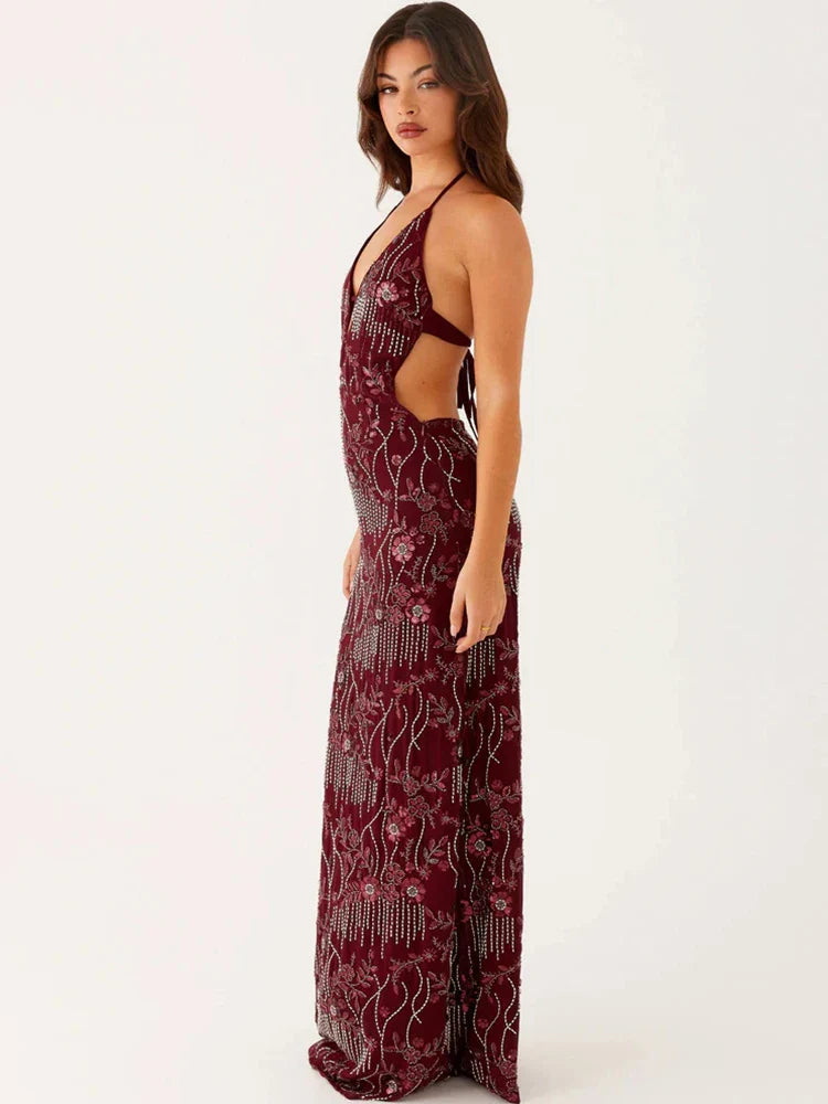 Burgundy Sequin Halter Gown | Cutout Evening Maxi Dress