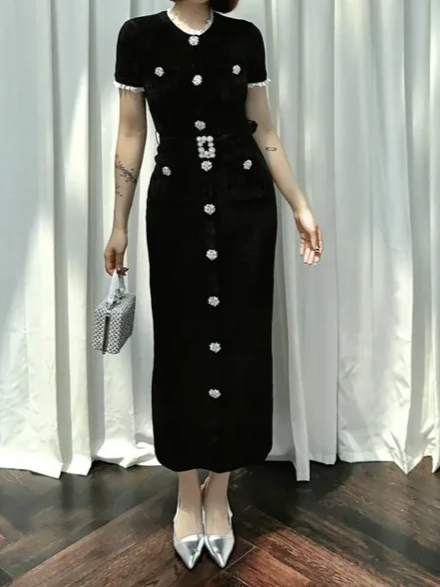 Embellished Short-Sleeve Knit Midi Dress