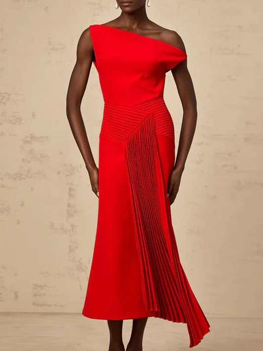 Diagonal Neck Midi Dress | Off-Shoulder Folded Elegance