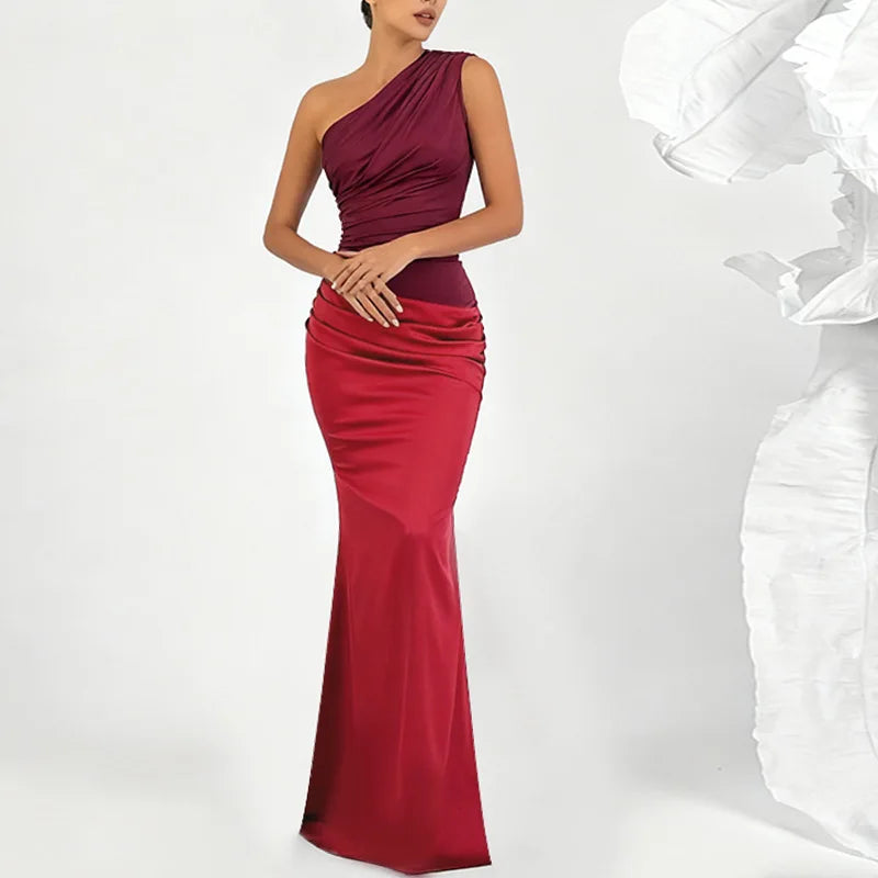 Red One-Shoulder Satin Drape Maxi Dress