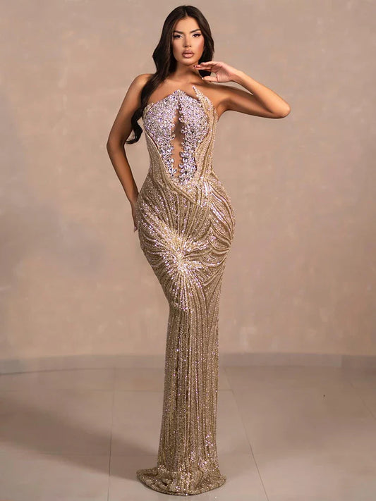 Diamond Beaded Strapless Gown | Geometric Gold Evening Elegance
