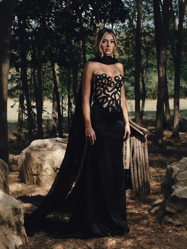 Black Strapless Patchwork Bandage Dress | Backless Long Gown