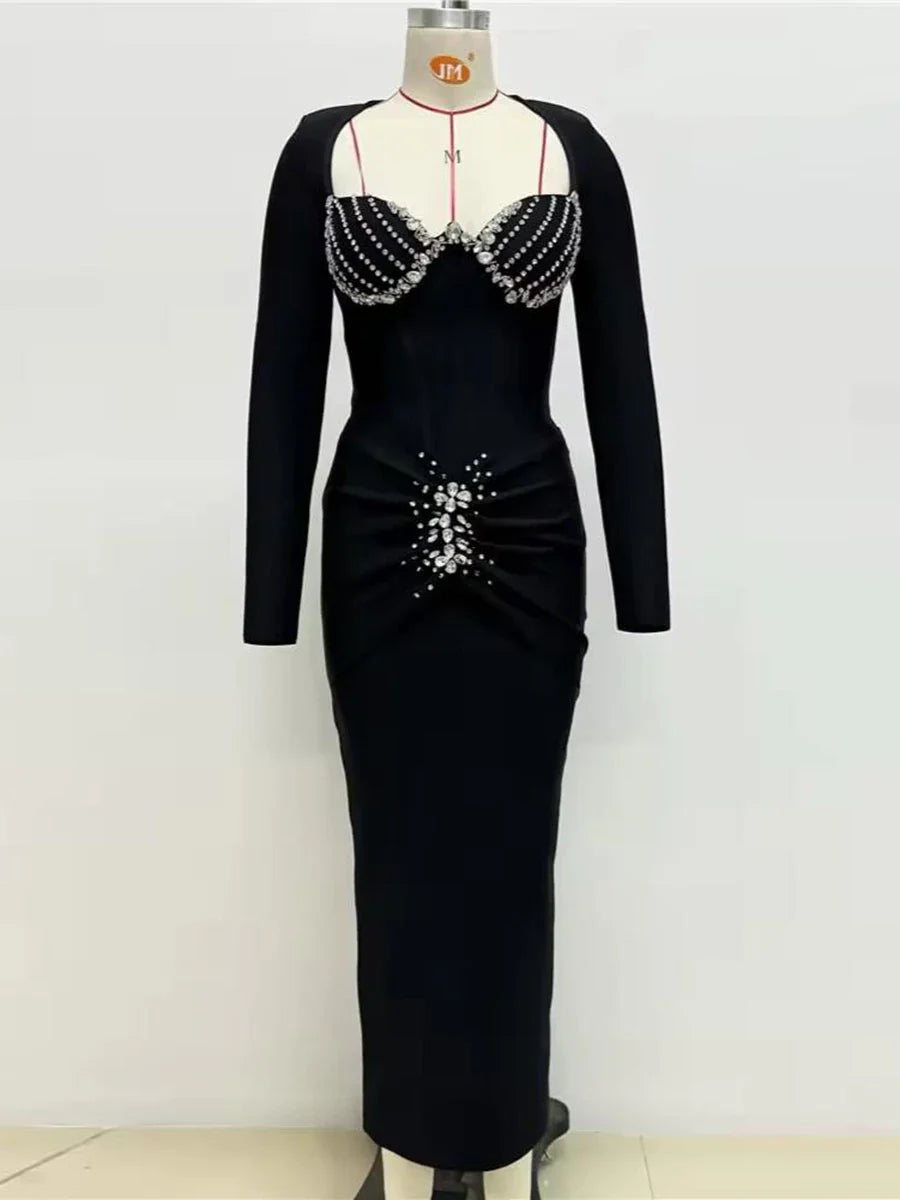 Long-sleeve A-line dress styled for an elegant evening look