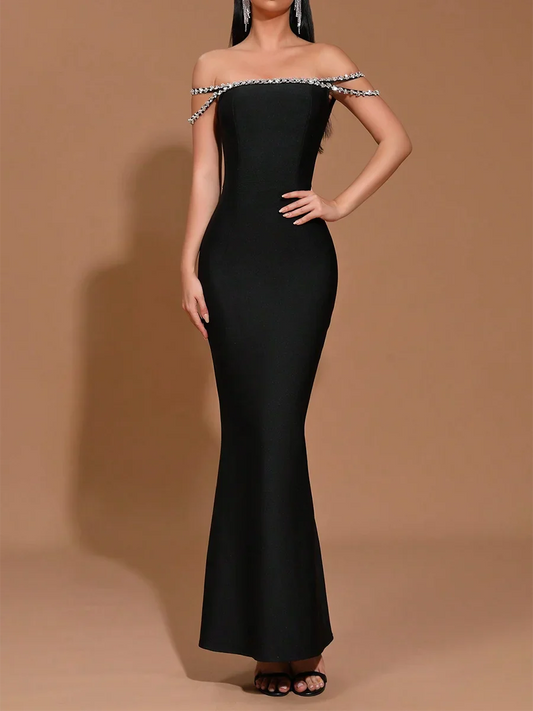 Diamond Spliced Off-Shoulder Dress | Minimalist Glamour Gown