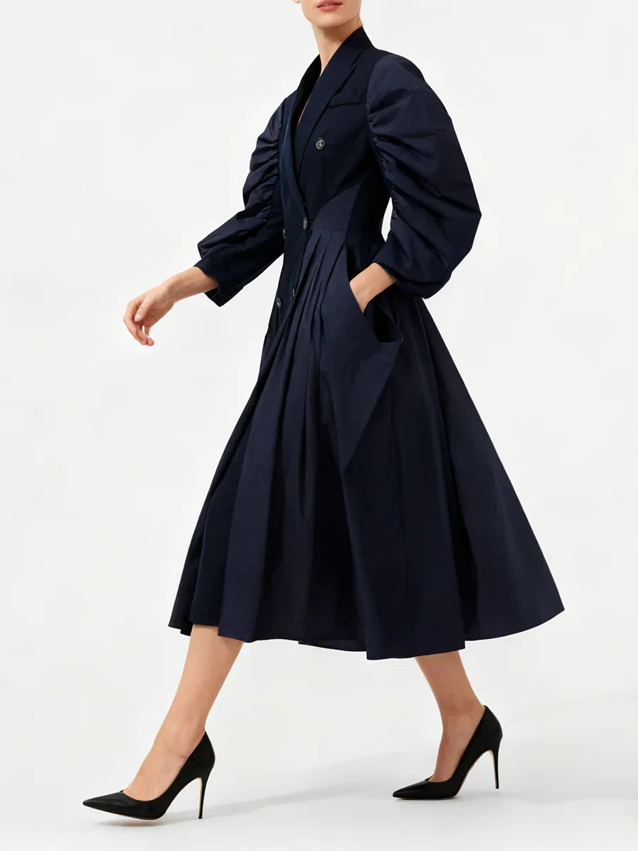 Blue Puff-Sleeve Double-Breasted Pleated Midi Dress