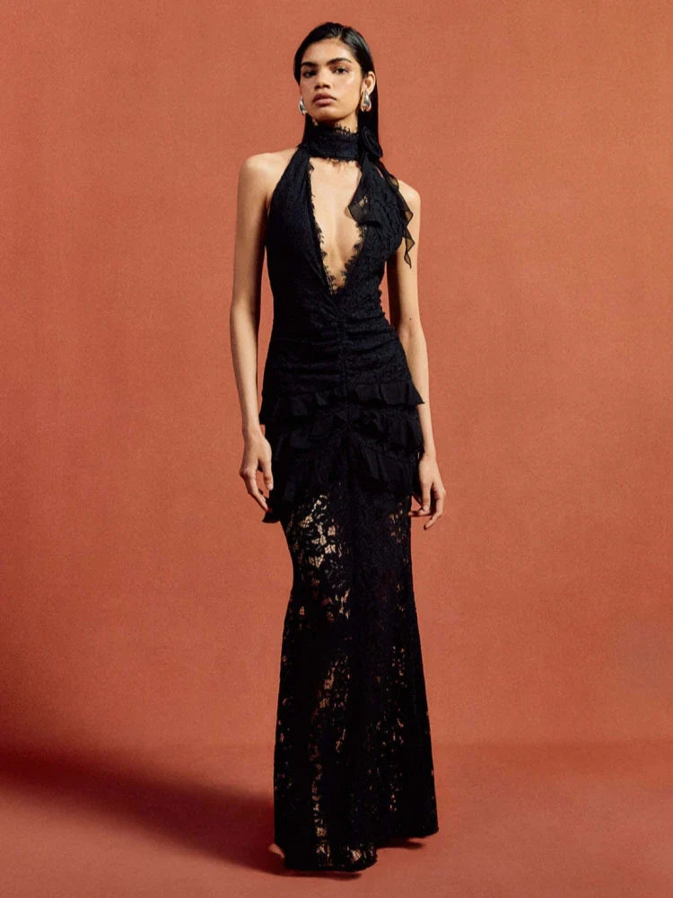 Black Lace Tiered Gown | Dramatic Evening Elegance