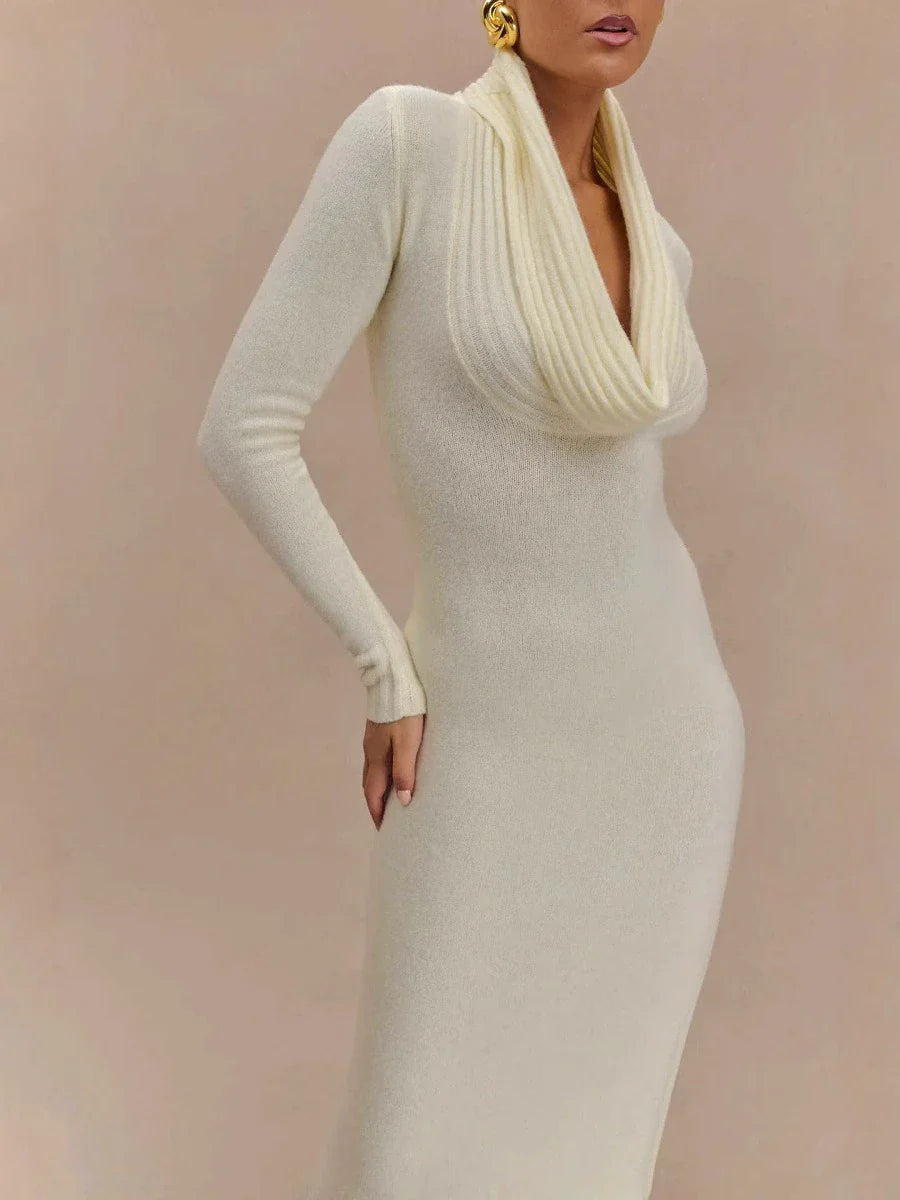 White Draped Cowl-Neck Knit Maxi Dress
