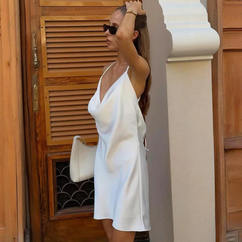 White Cowl Neck Mini Dress | Backless Summer Party Staple