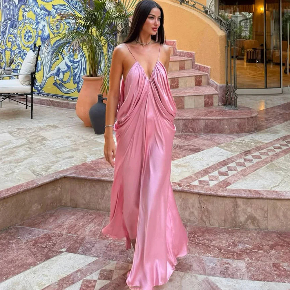 Draped Pink Sling Maxi Dress | Resort Glamour Loose Fit