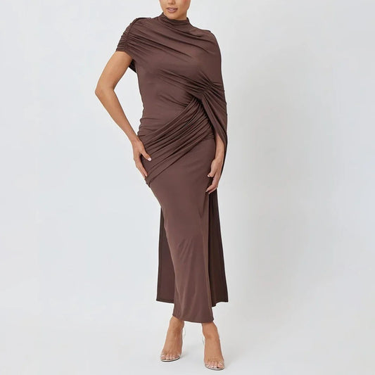 Brown Draped Stand-Neck Cape Sleeve Maxi Dress