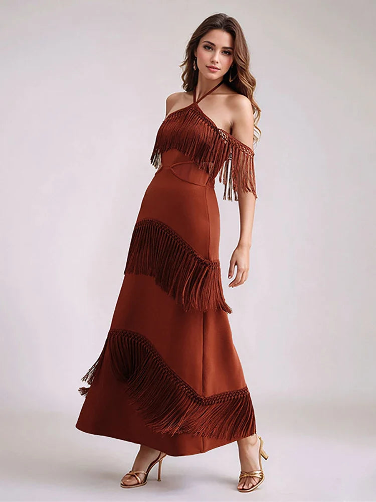 Fringe Halter Hollow Out Bandage Dress | Sleeveless Tassel Evening Gown