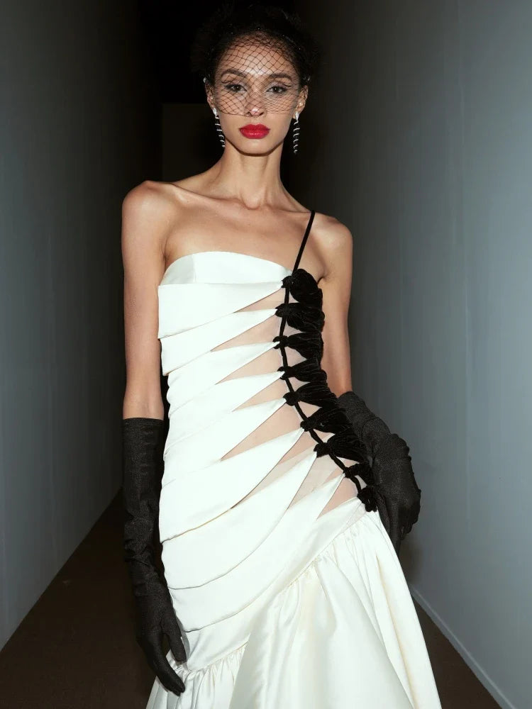 White Hollow Out Patchwork Maxi Dress & Gloves | One Shoulder Evening Gown