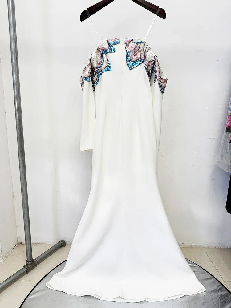 White Off-Shoulder Sequin Beaded Maxi Dress