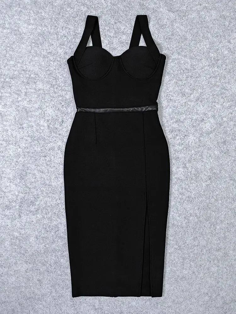 Black Bandage Midi Dress | Sculpted Spaghetti Strap Silhouette