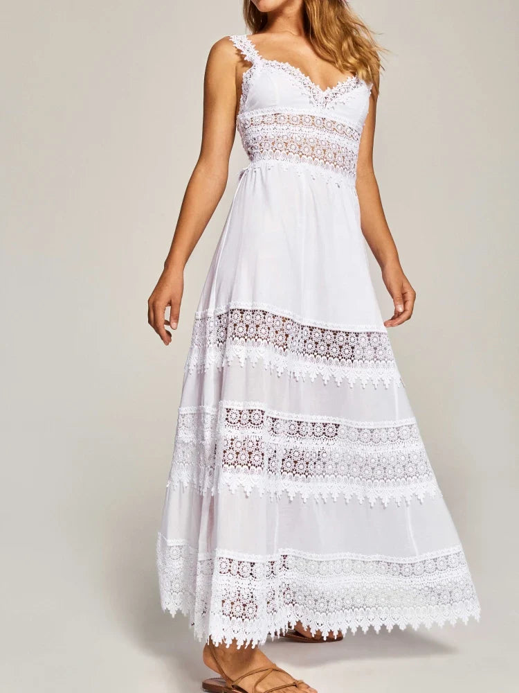 Black White Lace Patchwork Dress | V Neck Sling A-Line Gown
