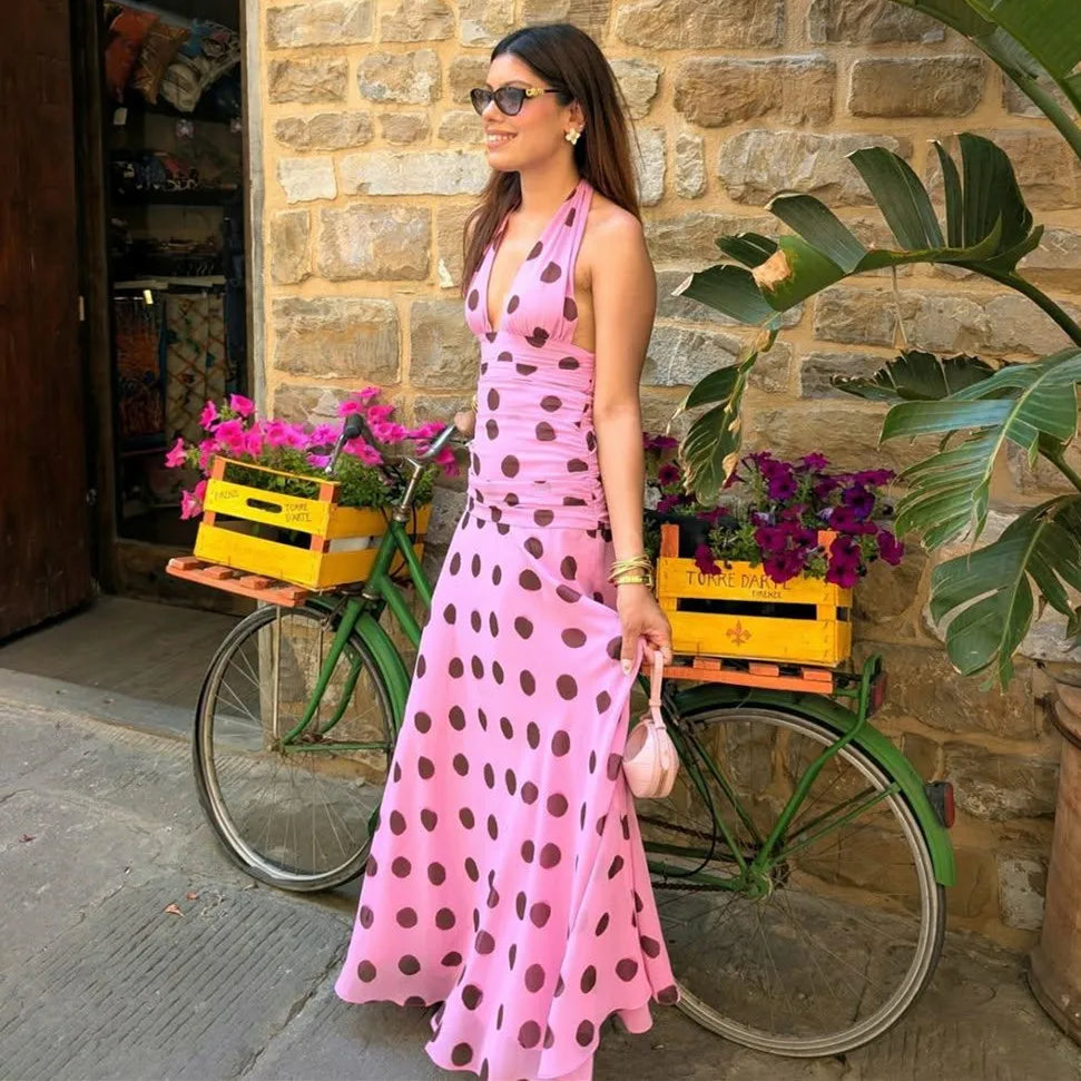 Pink Polka Dot Chiffon Halter Maxi Dress – Elegant Beach Style