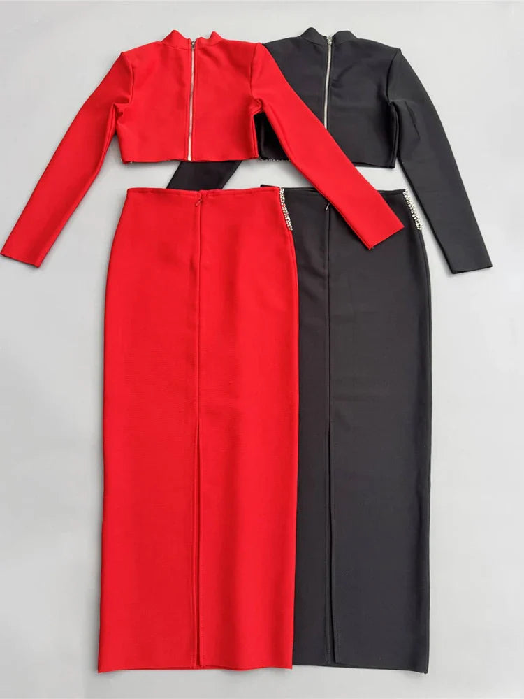 Black Diamond Two-Piece Set | Beaded Top & Long Bandage Skirt