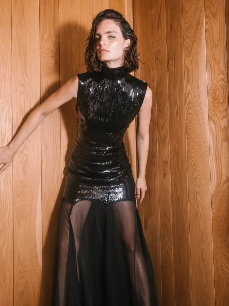 Sequined Mesh Maxi Dress | Turtleneck Slim-Fit Gown