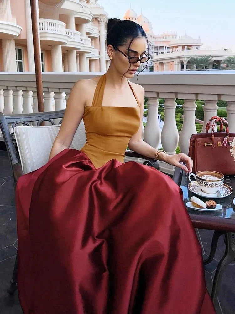 Patchwork Halter Backless Maxi Dress