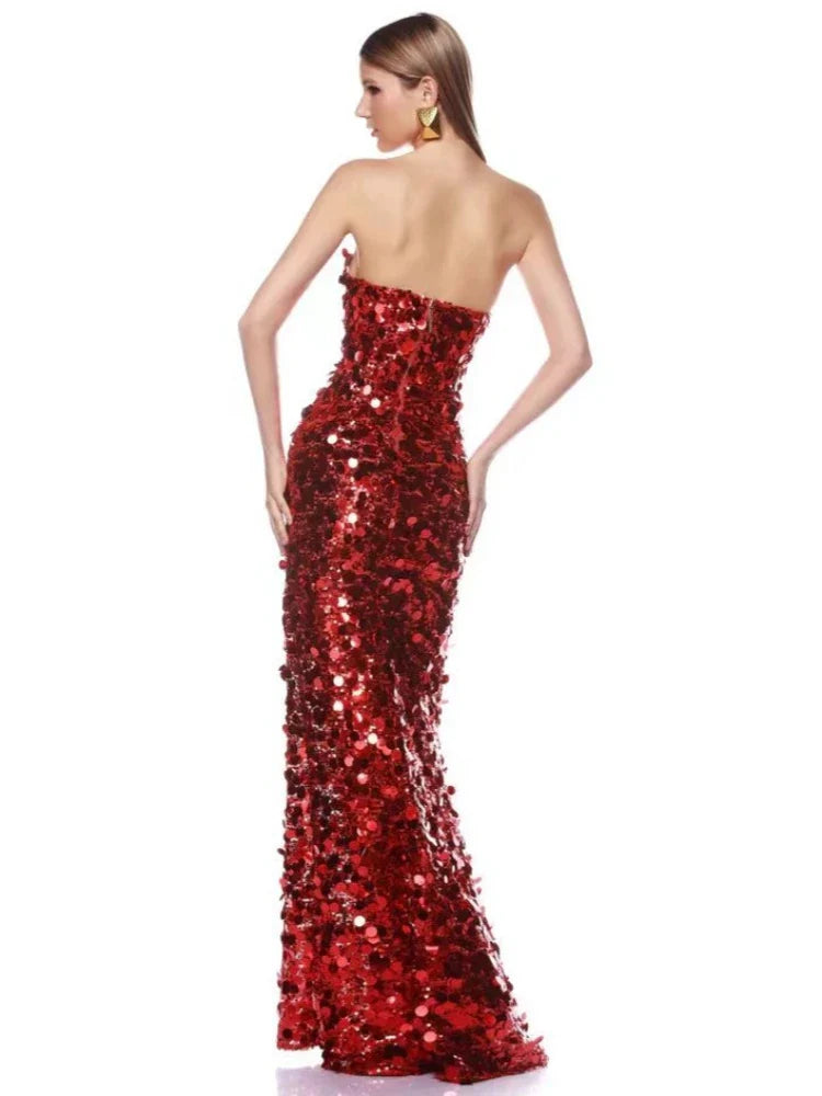 Red Strapless Sequin Gown with Sculpted Sheath Silhouette
