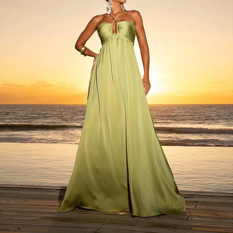 Green Pleated Satin Maxi Dress | Flowing Halter Vacation Look