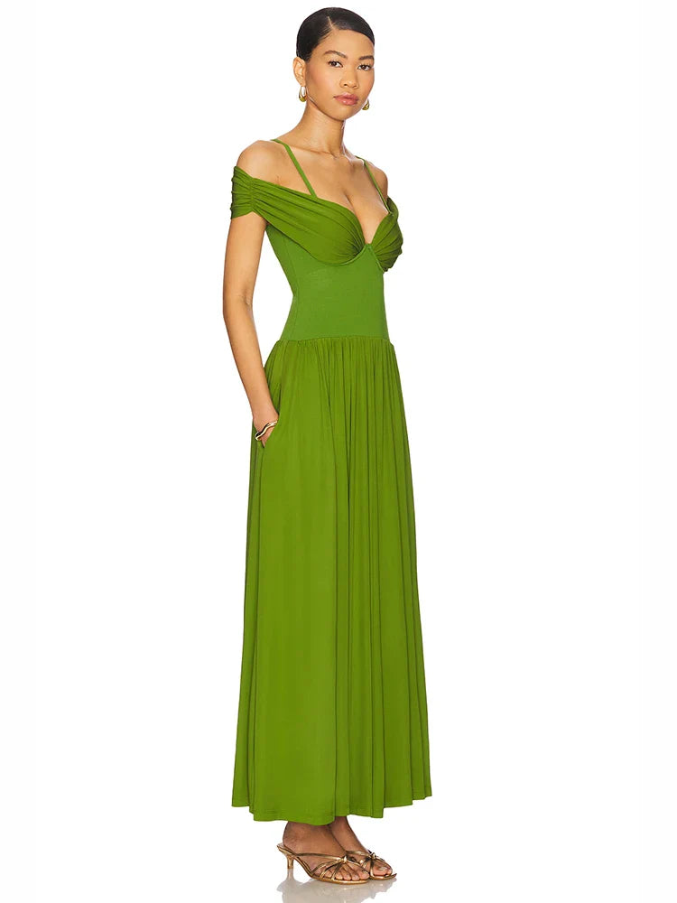 Green Off-Shoulder Pleated Maxi Dress | Elegant Evening & Cocktail Wear