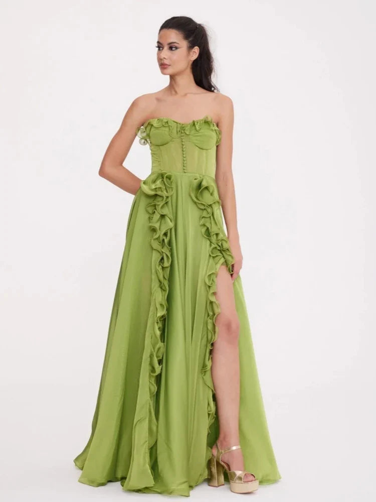 Strapless Ruffle Maxi Dress | Women’s Lace-Up Split Floor-Length Evening Gown