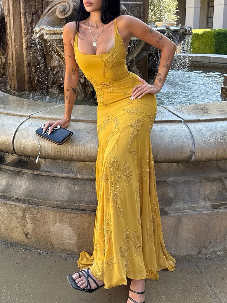 Mustard Beaded Spaghetti Strap Backless Maxi Dress – Elegant