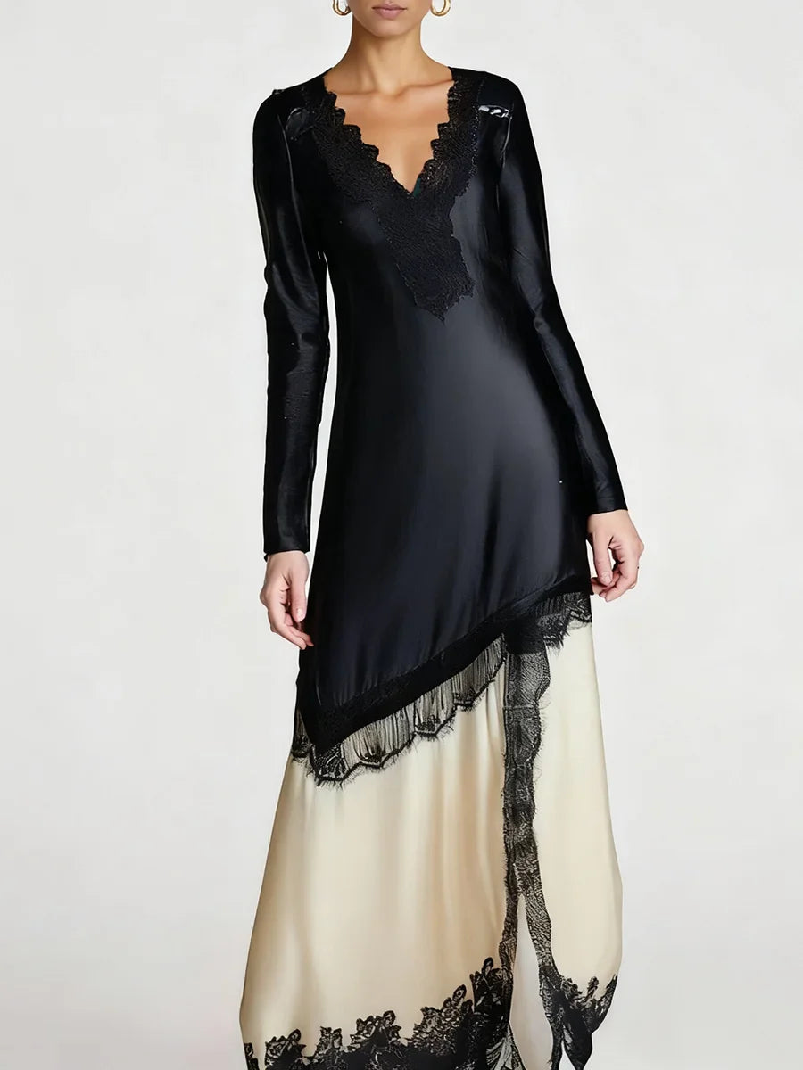 Black & Beige Patchwork Lace Dress | Elegant Ankle-Length Gown